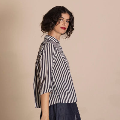 Megan Salmon - Banded Manchuria Shirt - Black/Cream