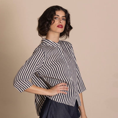 Megan Salmon - Banded Manchuria Shirt - Black/Cream