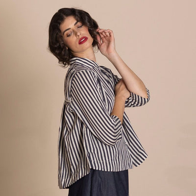 Megan Salmon - Banded Manchuria Shirt - Black/Cream