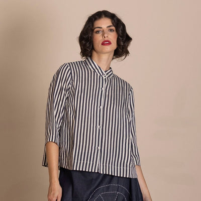 Megan Salmon - Banded Manchuria Shirt - Black/Cream