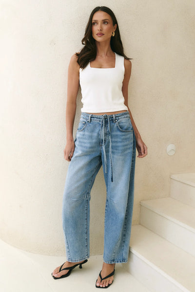 Stories to be Told - Campus Tie Waist Barrel Jeans - Light Blue - 150131