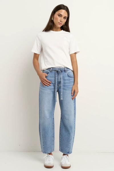 Stories to be Told - Campus Tie Waist Barrel Jeans - Light Blue - 150131