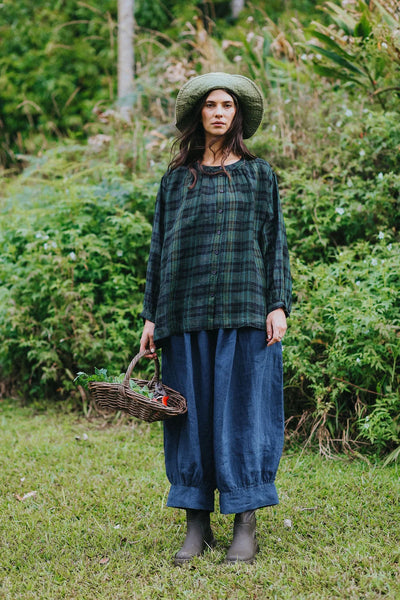 Montaigne - Carmen Button Through Linen Top - Green/Black Plaid