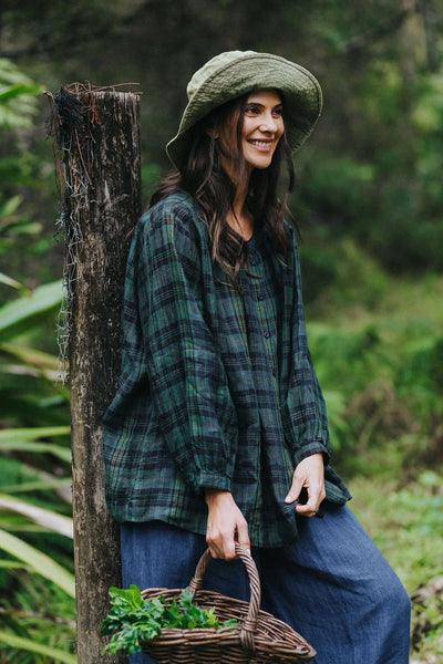 Montaigne - Carmen Button Through Linen Top - Green/Black Plaid