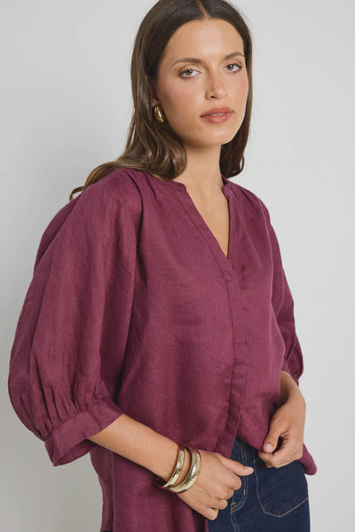 By Rosa - Deity Puff Sleeve Blouse - Burgundy - 144702