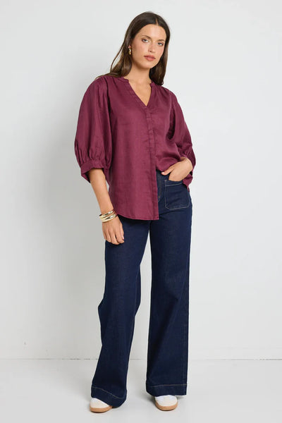 By Rosa - Deity Puff Sleeve Blouse - Burgundy - 144702