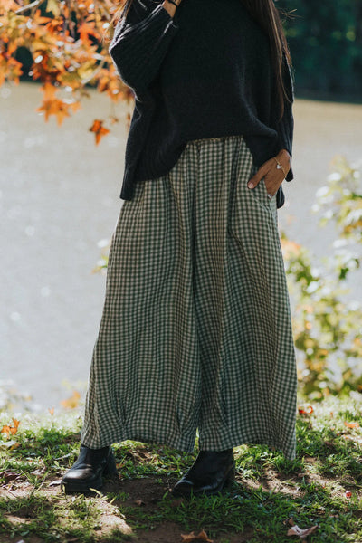 Montaigne - Eadie Linen Pant with Gathering Detail - Sage Gingham