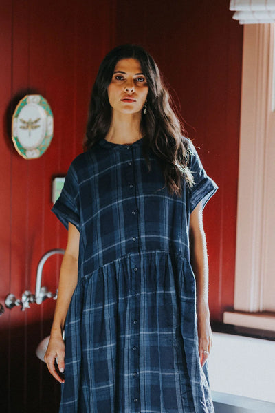 Montaigne - Juliette Button Up Linen Dress - Blue Check