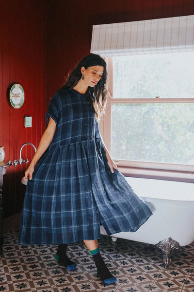 Montaigne - Juliette Button Up Linen Dress - Blue Check