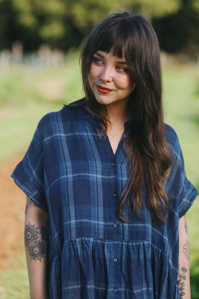 Montaigne - Juliette Button Up Linen Dress - Blue Check