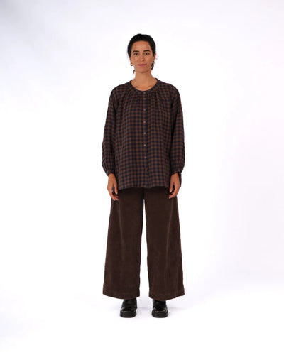 Montaigne - Carmen Button Through Top - Blue/Brown Check - MO-085