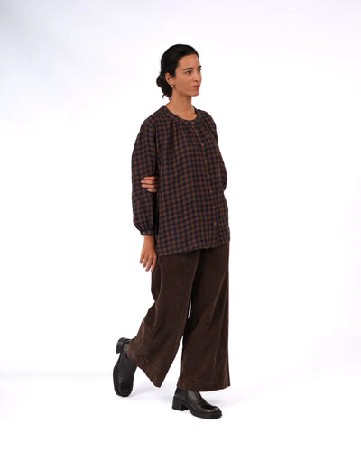 Montaigne - Carmen Button Through Top - Blue/Brown Check - MO-085