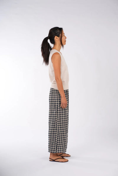 Montaigne - French Linen Pants - Navy Check - MO-044