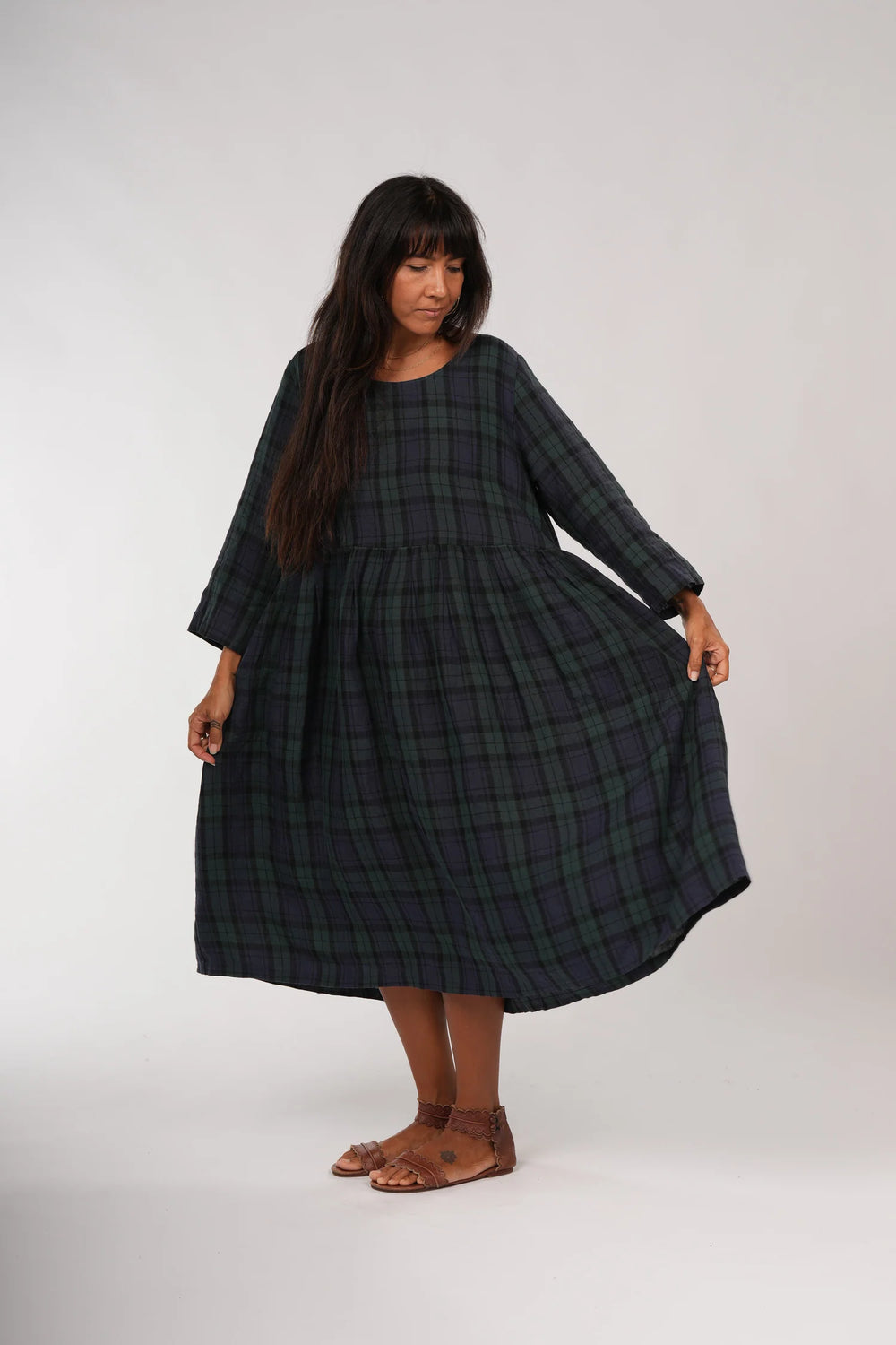 Montaigne - Journee French Linen Tartan Dress - MO-030 Blue