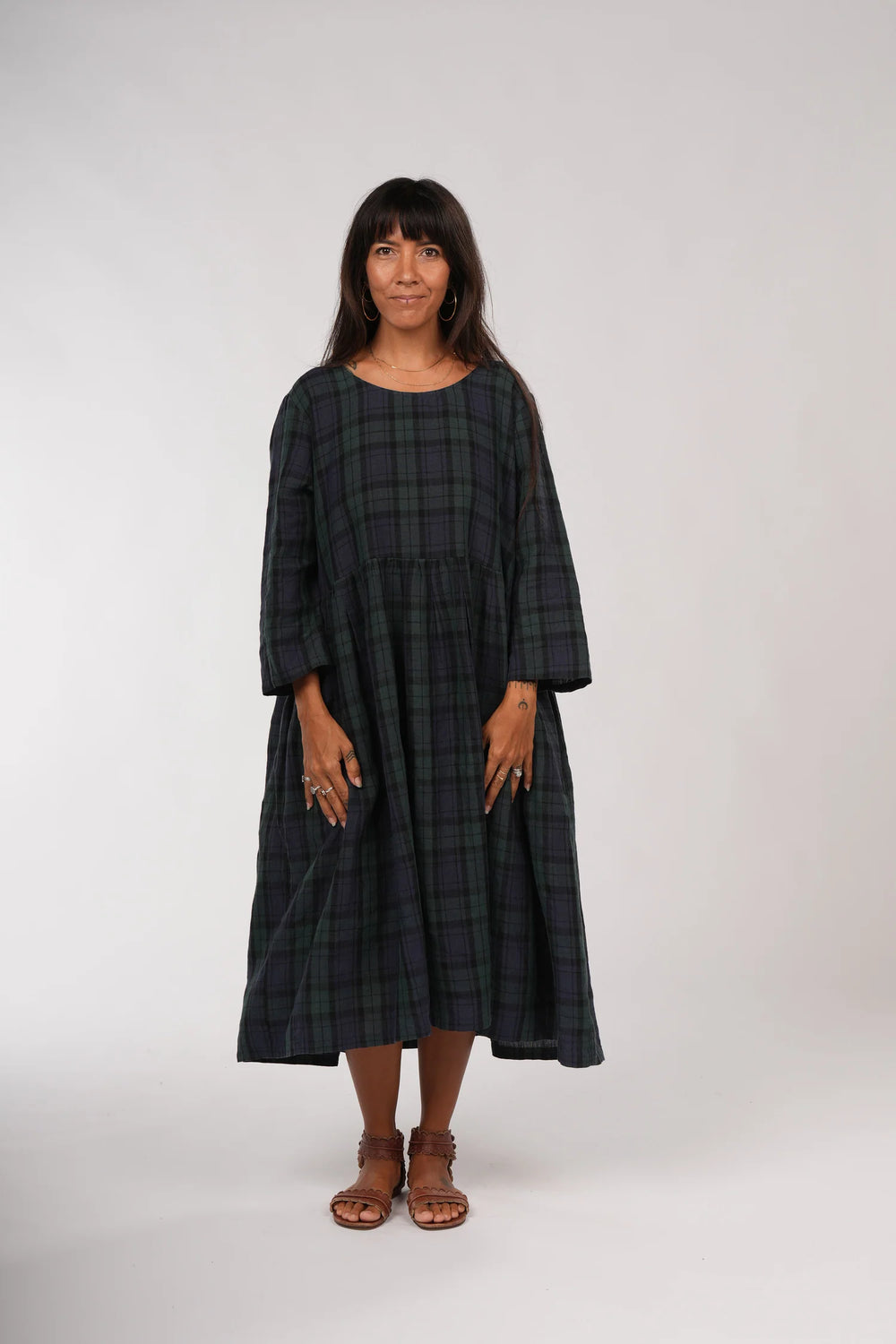 Montaigne - Journee French Linen Tartan Dress - MO-030 Blue