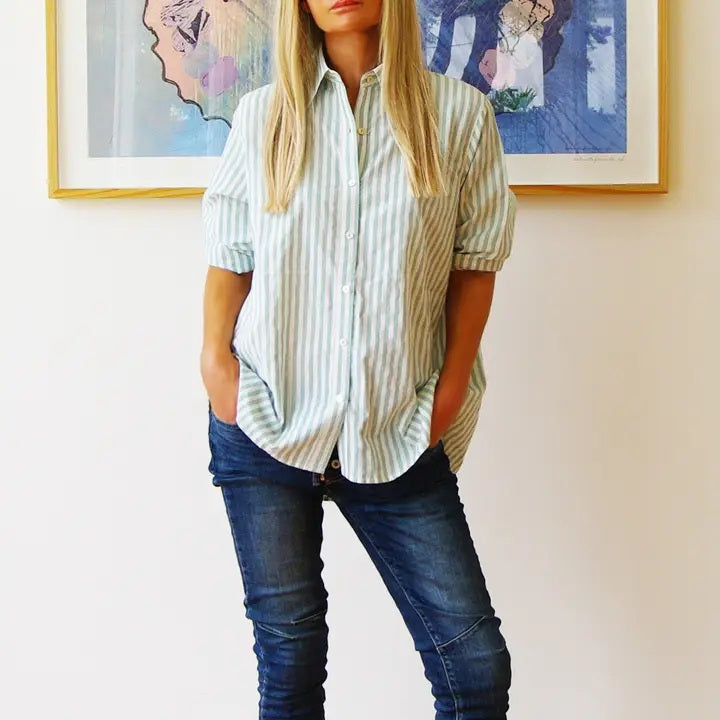 Who's Charlie - Riley Oversized Stripe Shirt - Green/White Stripe