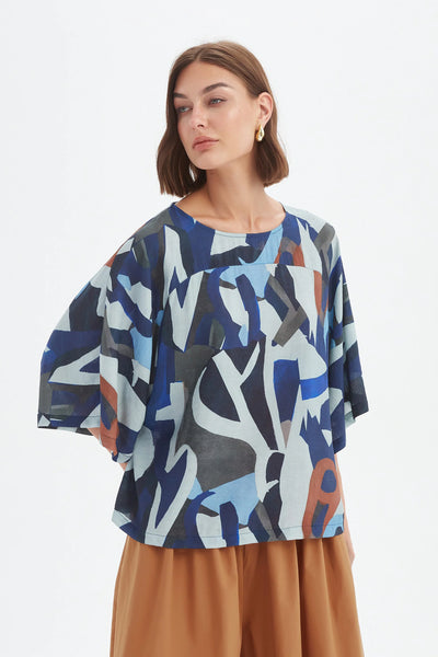 Tirelli - wide sleeve Print top - 25A3751 Blue Abstract Print