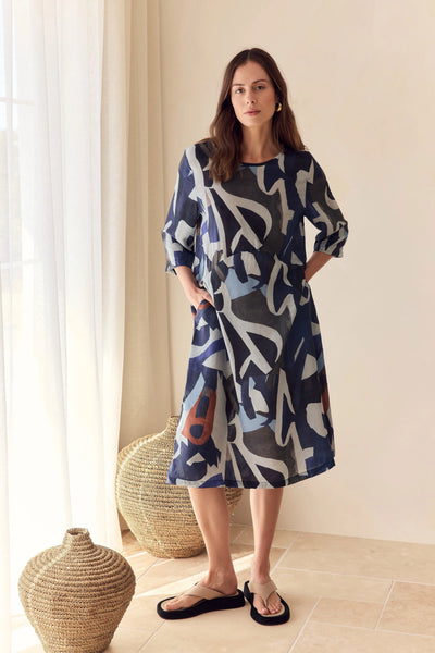 Tirelli - Curve Seam Print Dress - 25D3753 Blue Abstract Print
