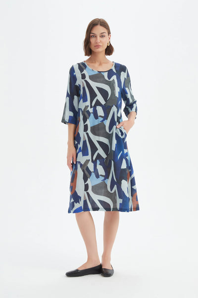 Tirelli - Curve Seam Print Dress - 25D3753 Blue Abstract Print